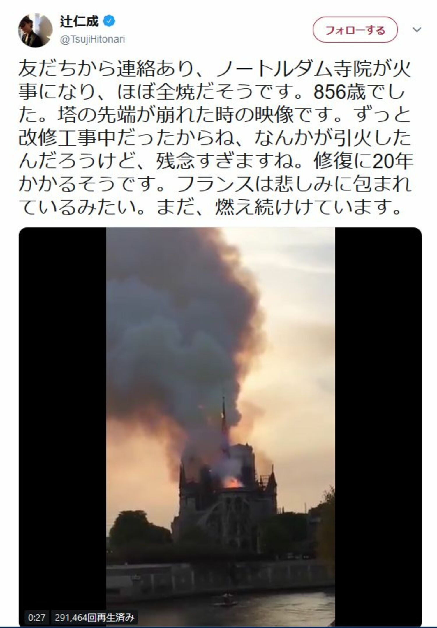 パリ在住の辻仁成、「炎上中のノートルダム寺院」の動画を公開 吉田羊も悲しみのコメントの画像